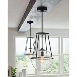 ED Ellen DeGeneres Crafted by Generation Lighting Atlas 12.5 in. W 1-Light Aged Iron Cage with Seeded Glass Orb Pendant by Generation Lighting Designer Collections -Hot Sale Light Society Store aged iron generation lighting designer collections chandeliers ep1101ai 40 1000