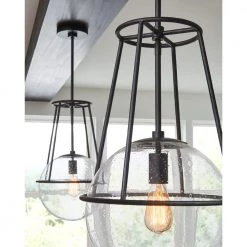 ED Ellen DeGeneres Crafted by Generation Lighting Atlas 12.5 in. W 1-Light Aged Iron Cage with Seeded Glass Orb Pendant by Generation Lighting Designer Collections -Hot Sale Light Society Store aged iron generation lighting designer collections chandeliers ep1101ai a0 1000