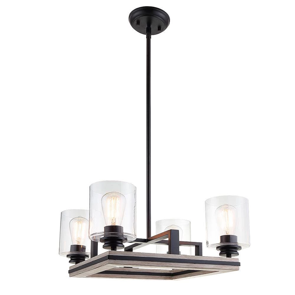 Charleston 17.50 in. 4-Light Black and Faux Wood Chandelier with Clear Glass Shades by DSI LIGHTING 4 Charleston 17.50 in. 4-Light Black and Faux Wood Chandelier with Clear Glass Shades by DSI LIGHTING - Image 3