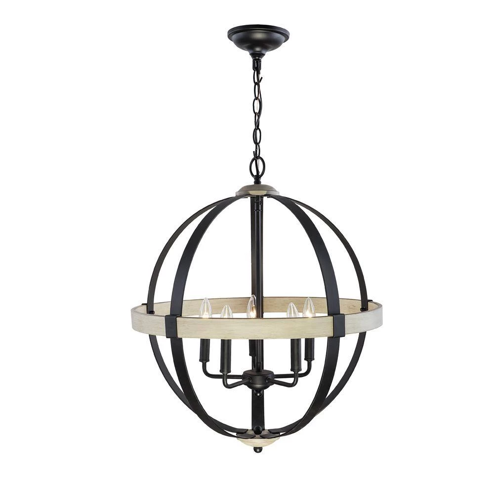 22 in. 5-Light Black and Light Wood Farmhouse Round Pendant by DSI LIGHTING 7 22 in. 5-Light Black and Light Wood Farmhouse Round Pendant by DSI LIGHTING - Image 5