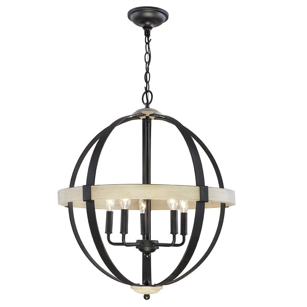 22 in. 5-Light Black and Light Wood Farmhouse Round Pendant by DSI LIGHTING 5 22 in. 5-Light Black and Light Wood Farmhouse Round Pendant by DSI LIGHTING - Image 3