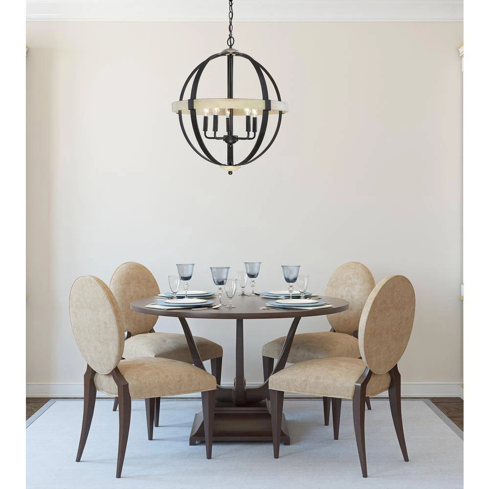 22 in. 5-Light Black and Light Wood Farmhouse Round Pendant by DSI LIGHTING 4 22 in. 5-Light Black and Light Wood Farmhouse Round Pendant by DSI LIGHTING - Image 2