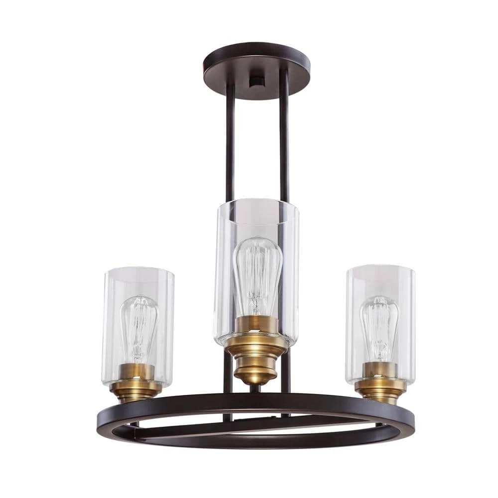Solero 3-Light Bronze and Antique Brass Pendant with Clear Shades by DSI LIGHTING 3 Solero 3-Light Bronze and Antique Brass Pendant with Clear Shades by DSI LIGHTING
