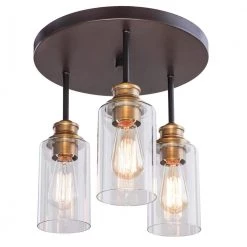 Solero 13 in. 3-Light Bronze and Antique Brass Flush Mount with Clear Shades by DSI LIGHTING