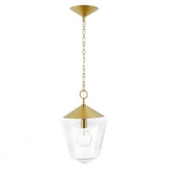 Beau 14 in. 1-Light Brushed Bras Pendant Light with Clear Glass Shade by Light Society