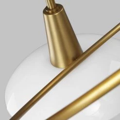 ED Ellen DeGeneres Rossie 5-Light Burnished Brass Modern Hanging Wagon Wheel Chandelier with White Glass Shades by Generation Lighting Designer Collections -Hot Sale Light Society Store burnished brass generation lighting designer collections chandeliers ec1235bbs 1f 1000