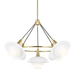 ED Ellen DeGeneres Rossie 5-Light Burnished Brass Modern Hanging Wagon Wheel Chandelier with White Glass Shades by Generation Lighting Designer Collections -Hot Sale Light Society Store burnished brass generation lighting designer collections chandeliers ec1235bbs 44 1000