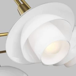 ED Ellen DeGeneres Rossie 5-Light Burnished Brass Modern Hanging Wagon Wheel Chandelier with White Glass Shades by Generation Lighting Designer Collections -Hot Sale Light Society Store burnished brass generation lighting designer collections chandeliers ec1235bbs 4f 1000