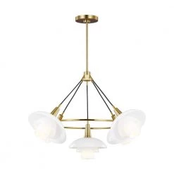 ED Ellen DeGeneres Rossie 5-Light Burnished Brass Modern Hanging Wagon Wheel Chandelier with White Glass Shades by Generation Lighting Designer Collections