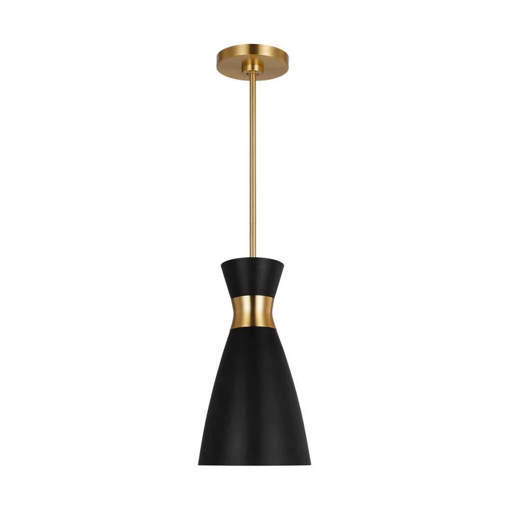 Heath 1-Light Burnished Brass Modern Mid-Century Indoor Dimmable Pendant with Midnight Black Steel Shade by Generation Lighting Designer Collections 3 Heath 1-Light Burnished Brass Modern Mid-Century Indoor Dimmable Pendant with Midnight Black Steel Shade by Generation Lighting Designer Collections