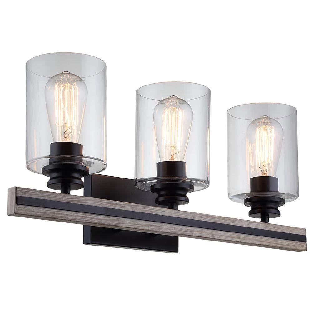 Charleston 3-Light Black and Faux Wood Vanity with Clear Shades by DSI LIGHTING 3 Charleston 3-Light Black and Faux Wood Vanity with Clear Shades by DSI LIGHTING - Image 2