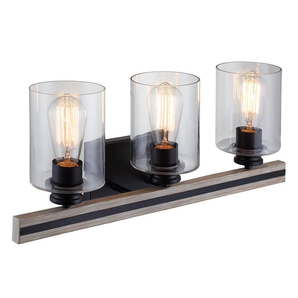 Charleston 3-Light Black and Faux Wood Vanity with Clear Shades by DSI LIGHTING 6 Charleston 3-Light Black and Faux Wood Vanity with Clear Shades by DSI LIGHTING - Image 5