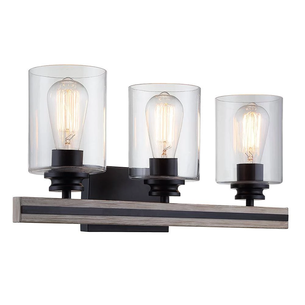 Charleston 3-Light Black and Faux Wood Vanity with Clear Shades by DSI LIGHTING 5 Charleston 3-Light Black and Faux Wood Vanity with Clear Shades by DSI LIGHTING - Image 4