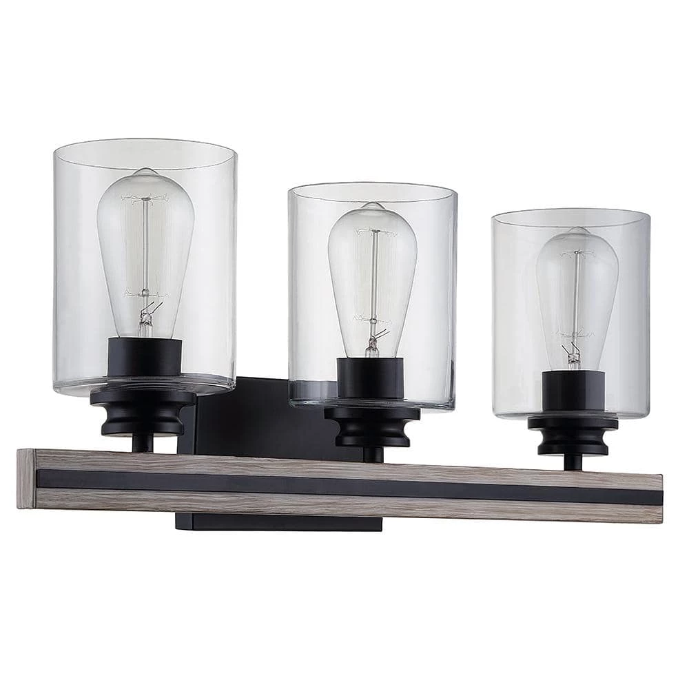 Charleston 3-Light Black and Faux Wood Vanity with Clear Shades by DSI LIGHTING 2 Charleston 3-Light Black and Faux Wood Vanity with Clear Shades by DSI LIGHTING