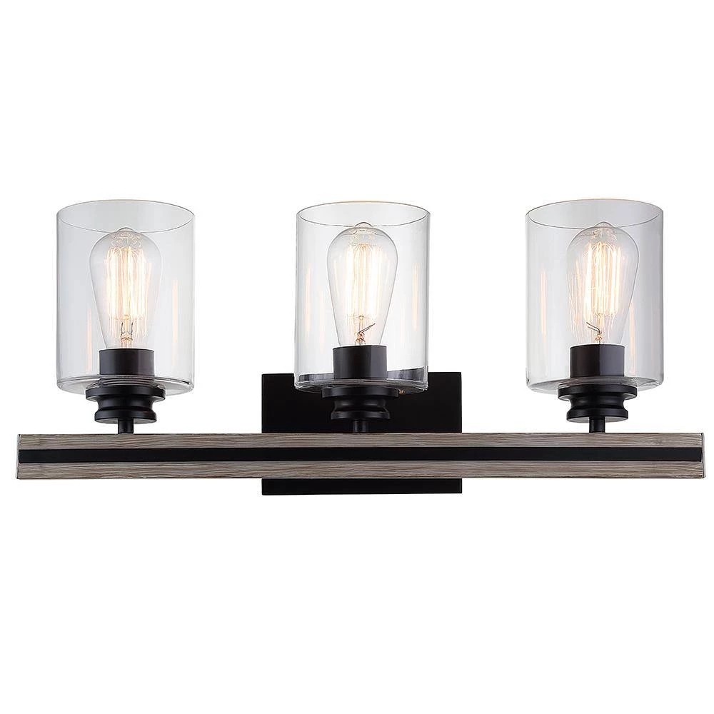 Charleston 3-Light Black and Faux Wood Vanity with Clear Shades by DSI LIGHTING 4 Charleston 3-Light Black and Faux Wood Vanity with Clear Shades by DSI LIGHTING - Image 3