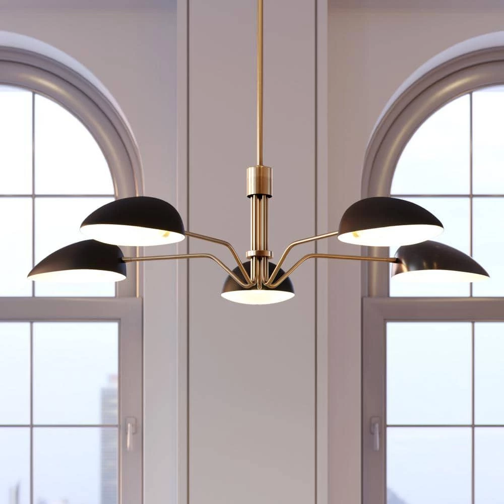 ED Ellen DeGeneres Jane 5-Light Matte Black and Burnished Brass Mid-Century Modern Hanging Chandelier by Generation Lighting Designer Collections 5 ED Ellen DeGeneres Jane 5-Light Matte Black and Burnished Brass Mid-Century Modern Hanging Chandelier by Generation Lighting Designer Collections - Image 3
